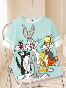 LOONEY TUNES X SHEIN 大尺碼女款卡通印花圓領短袖休閒T恤 - 白色 - 查看 7