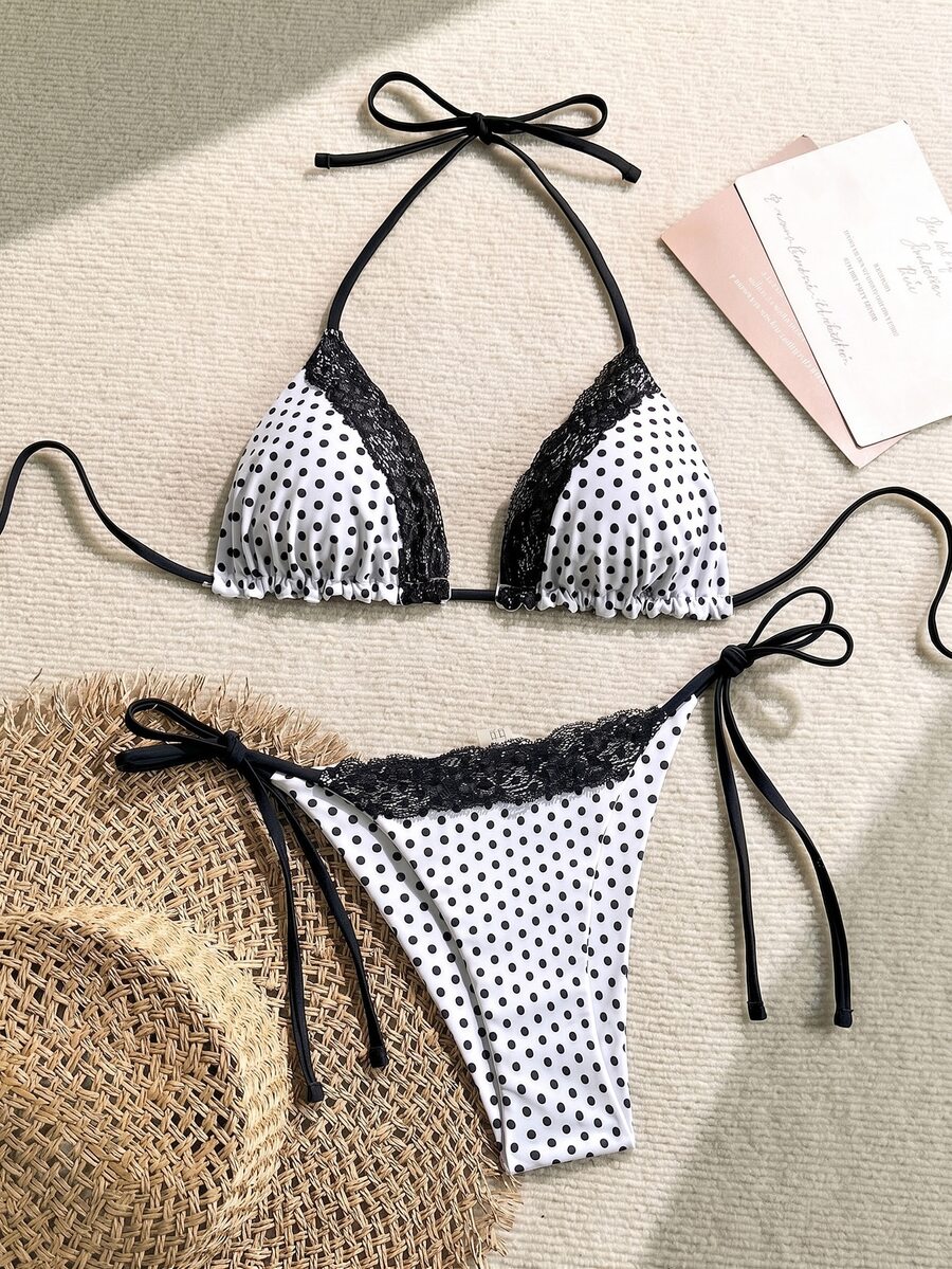 SHEIN Swim 2件組女款夏季海灘蕾絲波點印花掛脖綁帶性感比基尼泳衣套裝,隨機印花 - 黑與白 - 查看 1