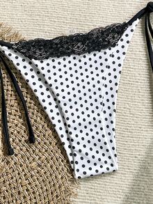 SHEIN Swim 2件組女款夏季海灘蕾絲波點印花掛脖綁帶性感比基尼泳衣套裝，隨機印花 - 黑與白 - 查看 4