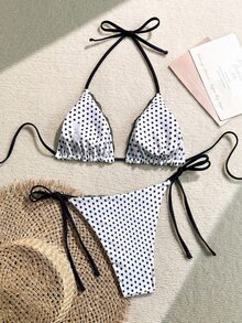 SHEIN Swim 2件組女款夏季海灘蕾絲波點印花掛脖綁帶性感比基尼泳衣套裝，隨機印花 - 黑與白 - 查看 2