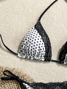 SHEIN Swim 2件組女款夏季海灘蕾絲波點印花掛脖綁帶性感比基尼泳衣套裝，隨機印花 - 黑與白 - 查看 3