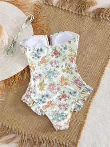 Swim Mod Spring/Summer New Sexy Boho One-Piece Swimsuit, Ruffled Trim Ditsy Floral Halter Plunge Neck Backless Bodysuit, Slim Fit Swimwear For Beach, Party - Multicolor - View 2