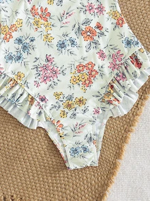 Swim Mod Spring/Summer New Sexy Boho One-Piece Swimsuit, Ruffled Trim Ditsy Floral Halter Plunge Neck Backless Bodysuit, Slim Fit Swimwear For Beach, Party - Multicolor - View 6