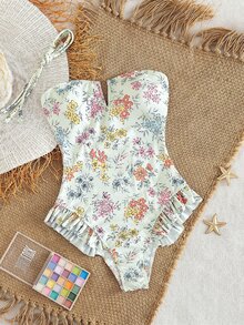 Swim Mod Spring/Summer New Sexy Boho One-Piece Swimsuit, Ruffled Trim Ditsy Floral Halter Plunge Neck Backless Bodysuit, Slim Fit Swimwear For Beach, Party - Multicolor - View 3