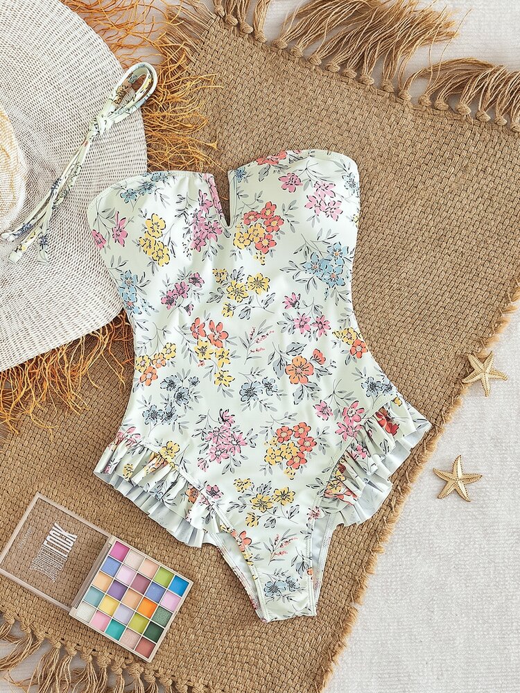 Swim Mod 春夏新款性感连体泳衣，荷叶边碎花露背吊带深V领紧身连体衣，修身剪裁，适合海滩、派对、度假穿着 - 彩色 - 查看 3