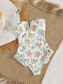 Swim Mod Spring/Summer New Sexy Boho One-Piece Swimsuit, Ruffled Trim Ditsy Floral Halter Plunge Neck Backless Bodysuit, Slim Fit Swimwear For Beach, Party - Multicolor - View 4