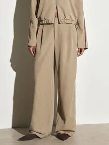 KSTM Pinstripe Wide Leg Dress Pants With Burgundy Side Stripe Trim High Rise Full Length Tailored Trousers Fall Winter Office Wear - Khaki - View 3