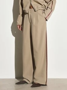 KSTM Pinstripe Wide Leg Dress Pants With Burgundy Side Stripe Trim High Rise Full Length Tailored Trousers Fall Winter Office Wear - Khaki - View 1