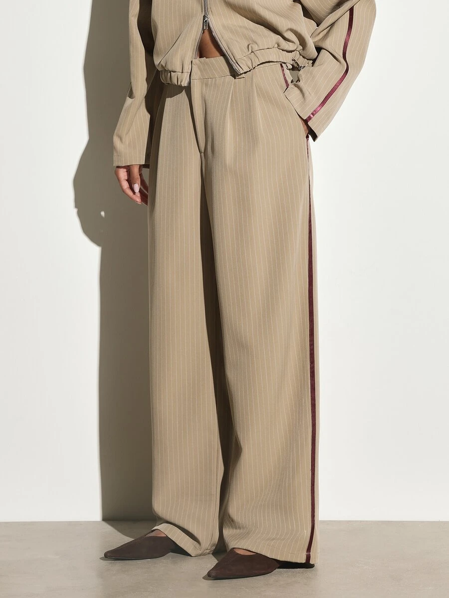 KSTM Pinstripe Wide Leg Dress Pants With Burgundy Side Stripe Trim High Rise Full Length Tailored Trousers Fall Winter Office Wear - Khaki - View 1