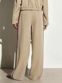 KSTM Pinstripe Wide Leg Dress Pants With Burgundy Side Stripe Trim High Rise Full Length Tailored Trousers Fall Winter Office Wear - Khaki - View 4