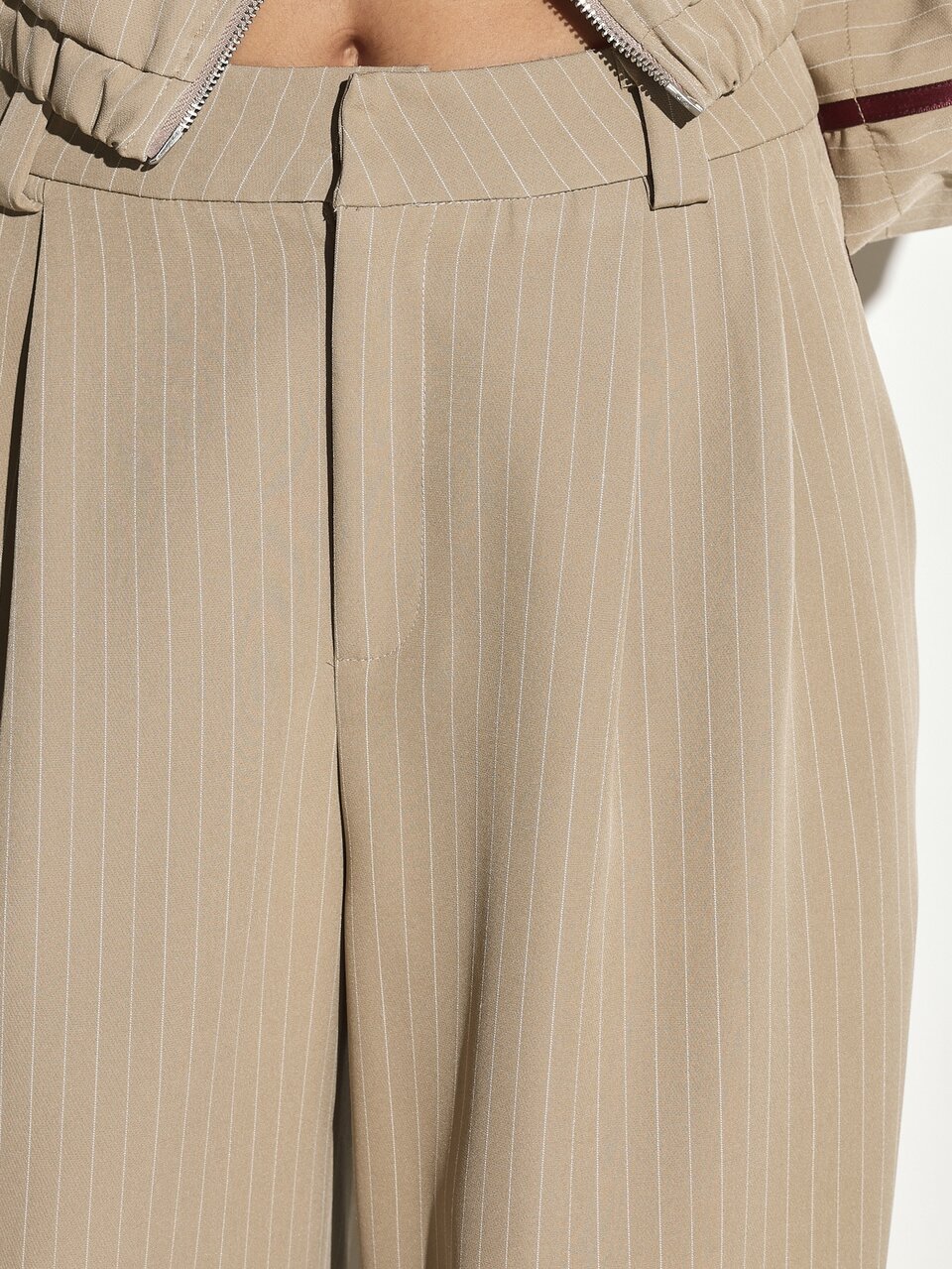 KSTM Pinstripe Wide Leg Dress Pants With Burgundy Side Stripe Trim High Rise Full Length Tailored Trousers Fall Winter Office Wear