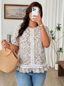 Weeklong Plus Size Women's Round Neck White Lace-Like Hollow Print Short Sleeve Blouse, Casual Vacation Outing Commute Fashion Comfortable Shirt, Spring/Summer - Beige - View 7