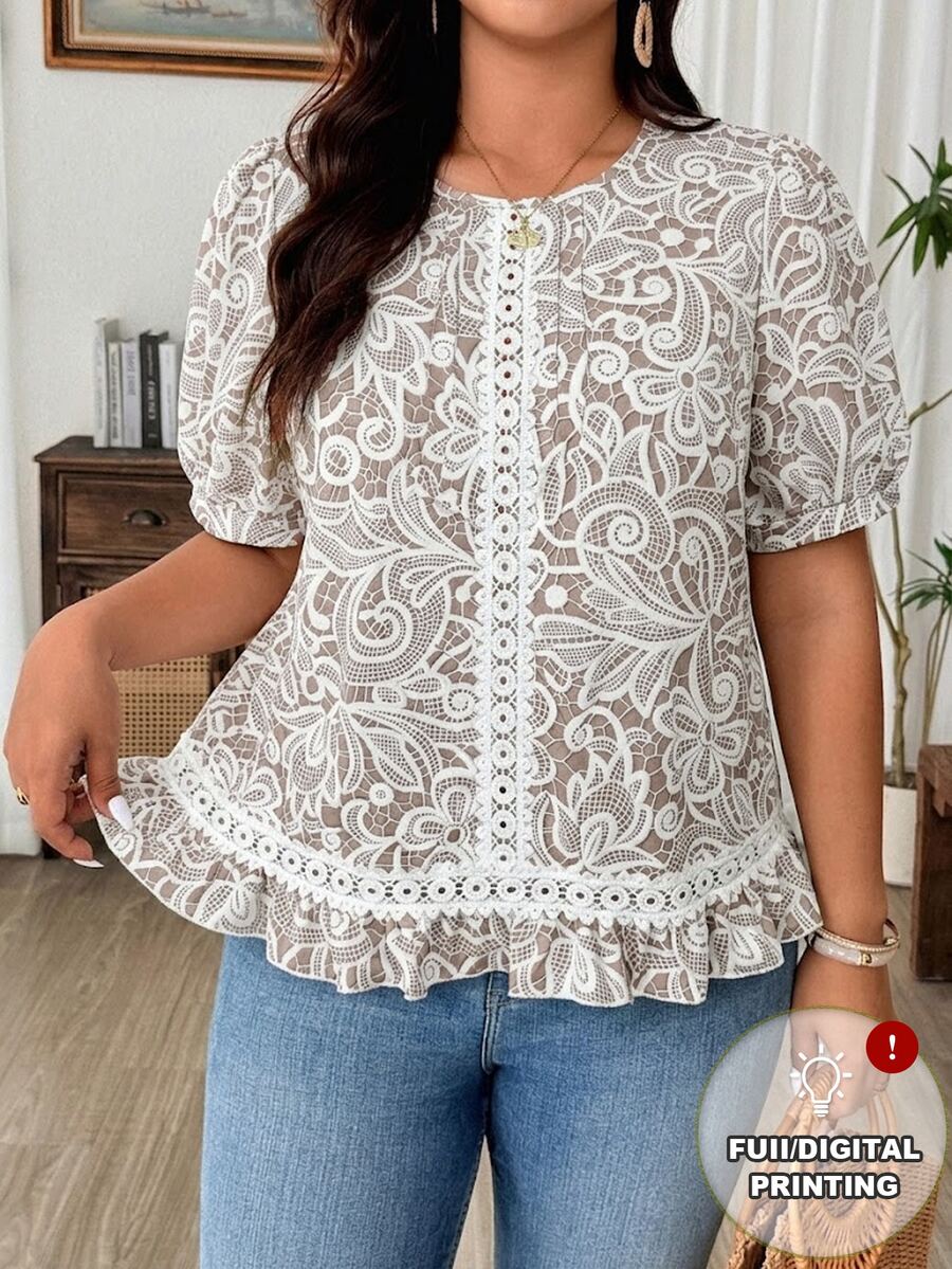 Weeklong Plus Size Women's Round Neck White Lace-Like Hollow Print Short Sleeve Blouse, Casual Vacation Outing Commute Fashion Comfortable Shirt, Spring/Summer - Beige - View 1