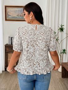 Weeklong Plus Size Women's Round Neck White Lace-Like Hollow Print Short Sleeve Blouse, Casual Vacation Outing Commute Fashion Comfortable Shirt, Spring/Summer - Beige - View 2