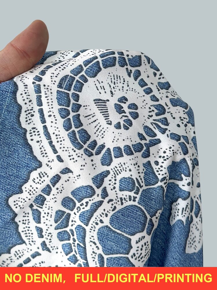 Elenzga Plus Size Women's Autumn New Casual Daily Commute Versatile Long Sleeve Shirt With Denim Effect Blue And Faux Lace Print Effect - Multicolor - View 2