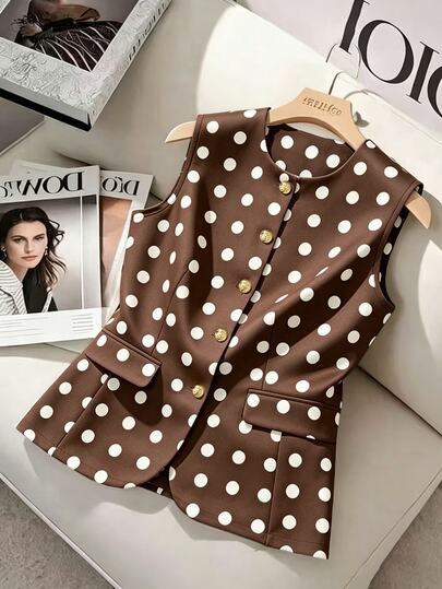 Formidée Plusstorlek Dam Rundhalsad Figurnära Ärmlös Kostymväst, Prickig Kavaj Elegant Business Casual Kavaj Vår/Sommarkavaj