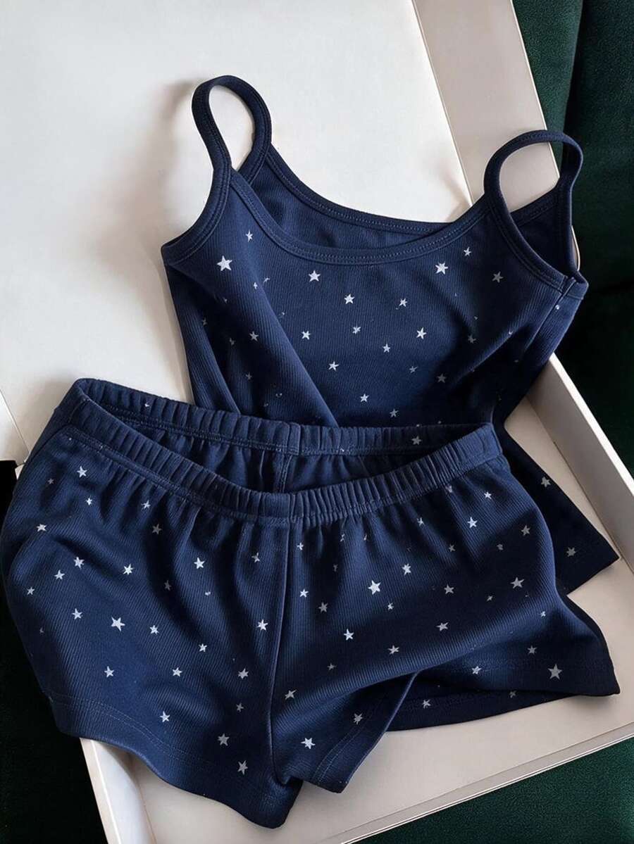 Franclia 女款休閒星星印花細肩帶上衣與短褲2件組度假套裝 - 寶藍色 - 查看 1