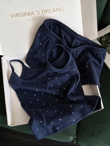 Franclia 女款休閒星星印花細肩帶上衣與短褲2件組度假套裝 - 寶藍色 - 查看 5