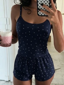 Franclia 女款休閒星星印花細肩帶上衣與短褲2件組度假套裝 - 寶藍色 - 查看 6