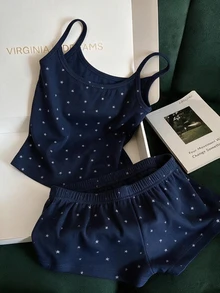Franclia 女款休閒星星印花細肩帶上衣與短褲2件組度假套裝 - 寶藍色 - 查看 4