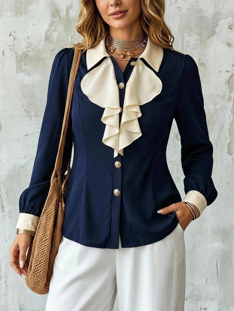 Elenzga Kemeja Kasual Serbaguna Wanita Ukuran Plus dengan Motif Blok Warna dan Ruffle untuk Aktivitas Sehari-hari - Navy Blue - View 1