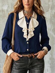 Elenzga Kemeja Kasual Serbaguna Wanita Ukuran Plus dengan Motif Blok Warna dan Ruffle untuk Aktivitas Sehari-hari - Navy Blue - View 8