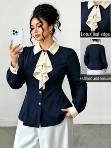 Elenzga Kemeja Kasual Serbaguna Wanita Ukuran Plus dengan Motif Blok Warna dan Ruffle untuk Aktivitas Sehari-hari - Navy Blue - View 4