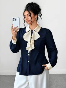 Elenzga Kemeja Kasual Serbaguna Wanita Ukuran Plus dengan Motif Blok Warna dan Ruffle untuk Aktivitas Sehari-hari - Navy Blue - View 10