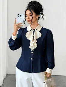 Elenzga Kemeja Kasual Serbaguna Wanita Ukuran Plus dengan Motif Blok Warna dan Ruffle untuk Aktivitas Sehari-hari - Navy Blue - View 7