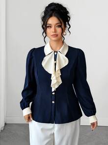 Elenzga Kemeja Kasual Serbaguna Wanita Ukuran Plus dengan Motif Blok Warna dan Ruffle untuk Aktivitas Sehari-hari - Navy Blue - View 11