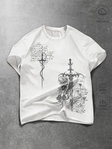 ROMWE MEN Goth Men's Slogan Cross Print Crew Neck Short Sleeve Casual T-Shirt - White - View 1