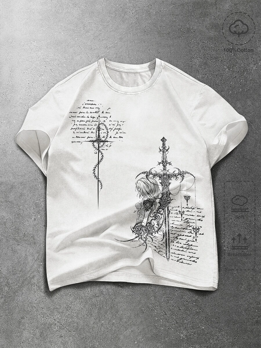 ROMWE MEN Goth Men's Slogan Cross Print Crew Neck Short Sleeve Casual T-Shirt - White - View 1