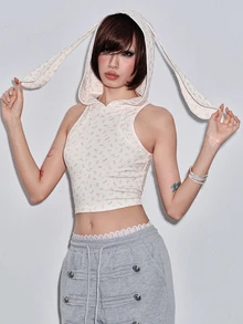 ROMWE Kawaii Cute Floral Apricot Print Rabbit Ear Hooded Women's Tank Top - Apricot - View 1