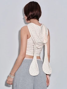 ROMWE Kawaii Cute Floral Apricot Print Rabbit Ear Hooded Women's Tank Top - Apricot - View 5