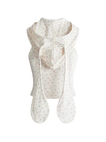 ROMWE Kawaii Cute Floral Apricot Print Rabbit Ear Hooded Women's Tank Top - Apricot - View 2