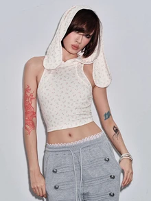 ROMWE Kawaii Cute Floral Apricot Print Rabbit Ear Hooded Women's Tank Top - Apricot - View 8