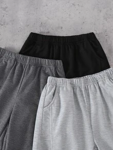 SHEIN Vacaura 3件組男孩運動長褲，休閒極簡風舒適運動褲，黑色、深灰色與淺灰色，適合春秋冬季，校園、戶外、休閒運動穿著 - 彩色 - 查看 7