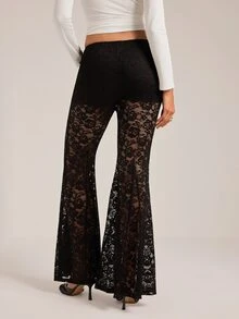 SHEIN Tall Women's Lace Patchwork Casual Versatile Flare Long Pants - Black - View 2