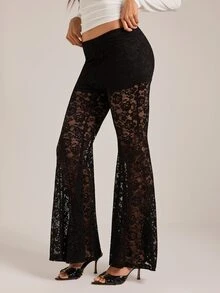 SHEIN Tall Women's Lace Patchwork Casual Versatile Flare Long Pants - Black - View 1