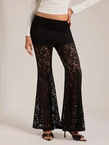 SHEIN Tall Women's Lace Patchwork Casual Versatile Flare Long Pants - Black - View 3