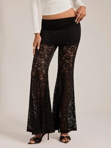 SHEIN Tall Women's Lace Patchwork Casual Versatile Flare Long Pants - Black - View 4
