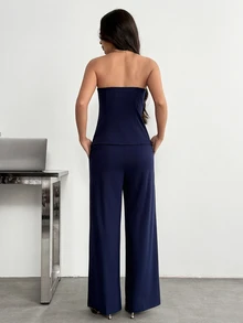 SHEIN PETITE 1 Set Solid Color Fitted Camisole Top And Elegant Office Cocktail Navy Blue Summer - Blue - View 2
