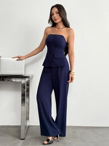SHEIN PETITE 1 Set Solid Color Fitted Camisole Top And Elegant Office Cocktail Navy Blue Summer - Blue - View 3