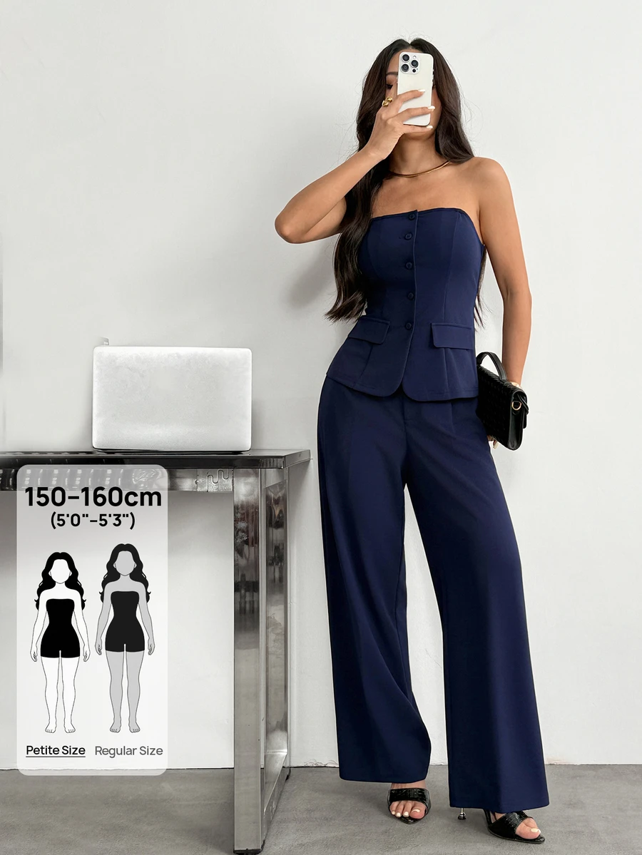 SHEIN PETITE 1 Set Solid Color Fitted Camisole Top And Elegant Office Cocktail Navy Blue Summer - Blue - View 1