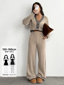 SHEIN PETITE بدلة منزلية فضفاضة من الصوف للنساء من قطعتين، طقم مريح للاسترخاء للنساء 2 - بني مصدي - مشاهدة 7