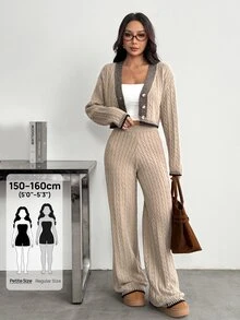 SHEIN PETITE بدلة منزلية فضفاضة من الصوف للنساء من قطعتين، طقم مريح للاسترخاء للنساء 2 - بني مصدي - مشاهدة 1