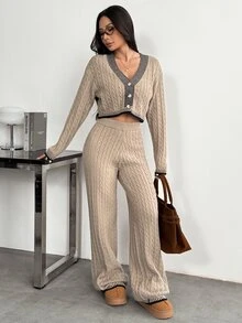 SHEIN PETITE بدلة منزلية فضفاضة من الصوف للنساء من قطعتين، طقم مريح للاسترخاء للنساء 2 - بني مصدي - مشاهدة 9