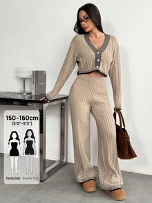 SHEIN PETITE بدلة منزلية فضفاضة من الصوف للنساء من قطعتين، طقم مريح للاسترخاء للنساء 2 - بني مصدي - مشاهدة 8