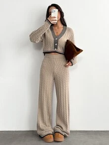 SHEIN PETITE بدلة منزلية فضفاضة من الصوف للنساء من قطعتين، طقم مريح للاسترخاء للنساء 2 - بني مصدي - مشاهدة 3