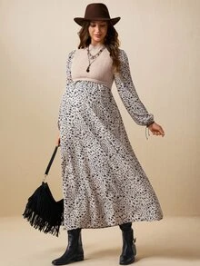 Boho Mama Maternity Patchwork Ditsy Floral Stand Collar Long Sleeve 2 In 1 Dress - Khaki - View 6